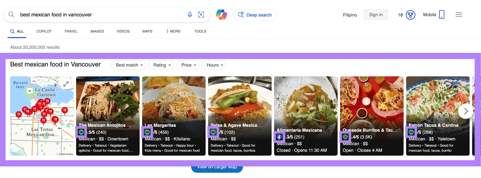 SERP on Bing showing listings pulled from Facebook and Tripadvisor.