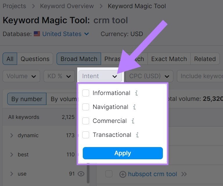 “Intent” filter highlighted