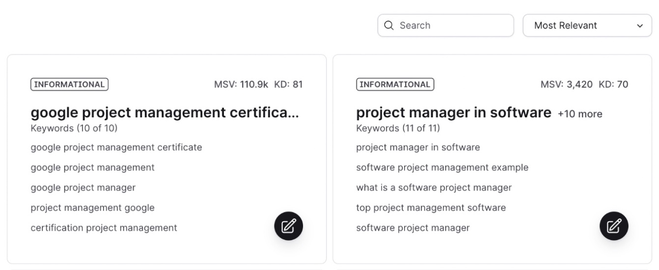 Surfer SEO dashboard showing keyword ideas based on a seed term along with its variations, search intent, monthly volume, and difficulty.