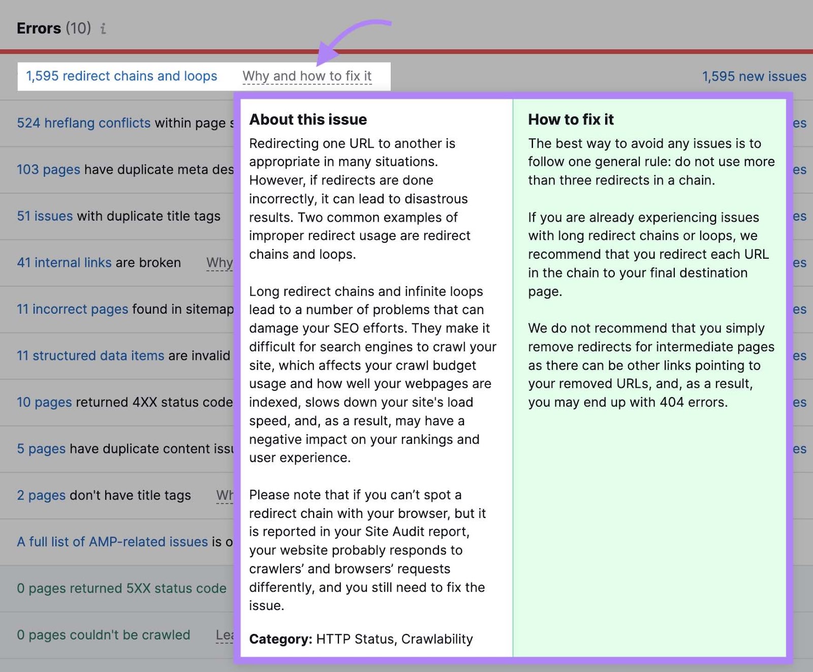 Pop-up box with more information on redirect chains and loops issues and how to fix it.