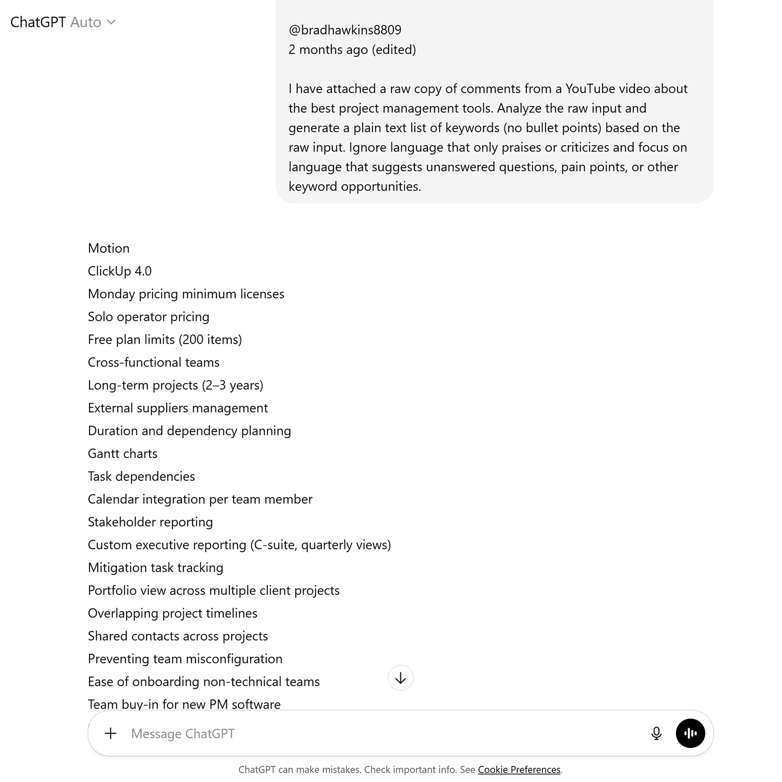 ChatGPT generated plain text list of keyword ideas based on pasted YouTube comments