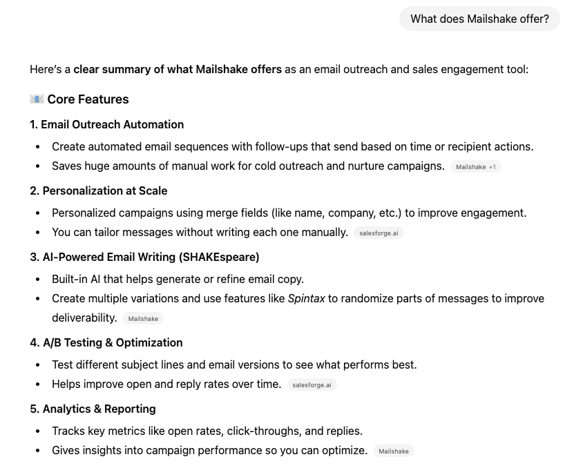 "What does Mailshake offer" ChatGPT prompt