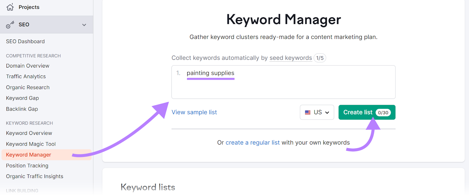 Creating a "painting supplies" list in Keyword Strategy Builder