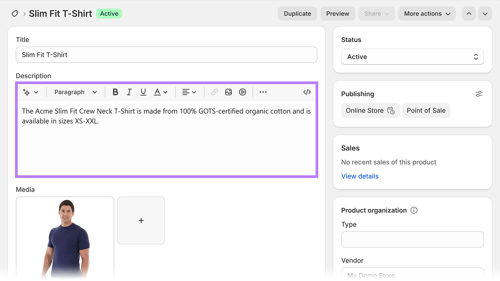 Shopify admin product page showing the rich text description editor highlighted.