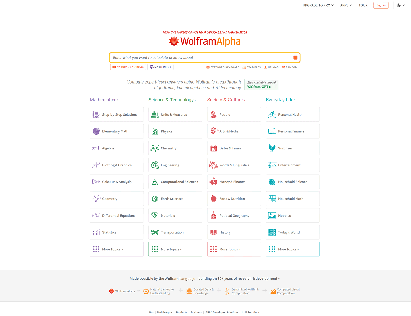 WolframAlpha homepage with a search bar and grid of topics like math, science, health, and finance for data-driven answers.