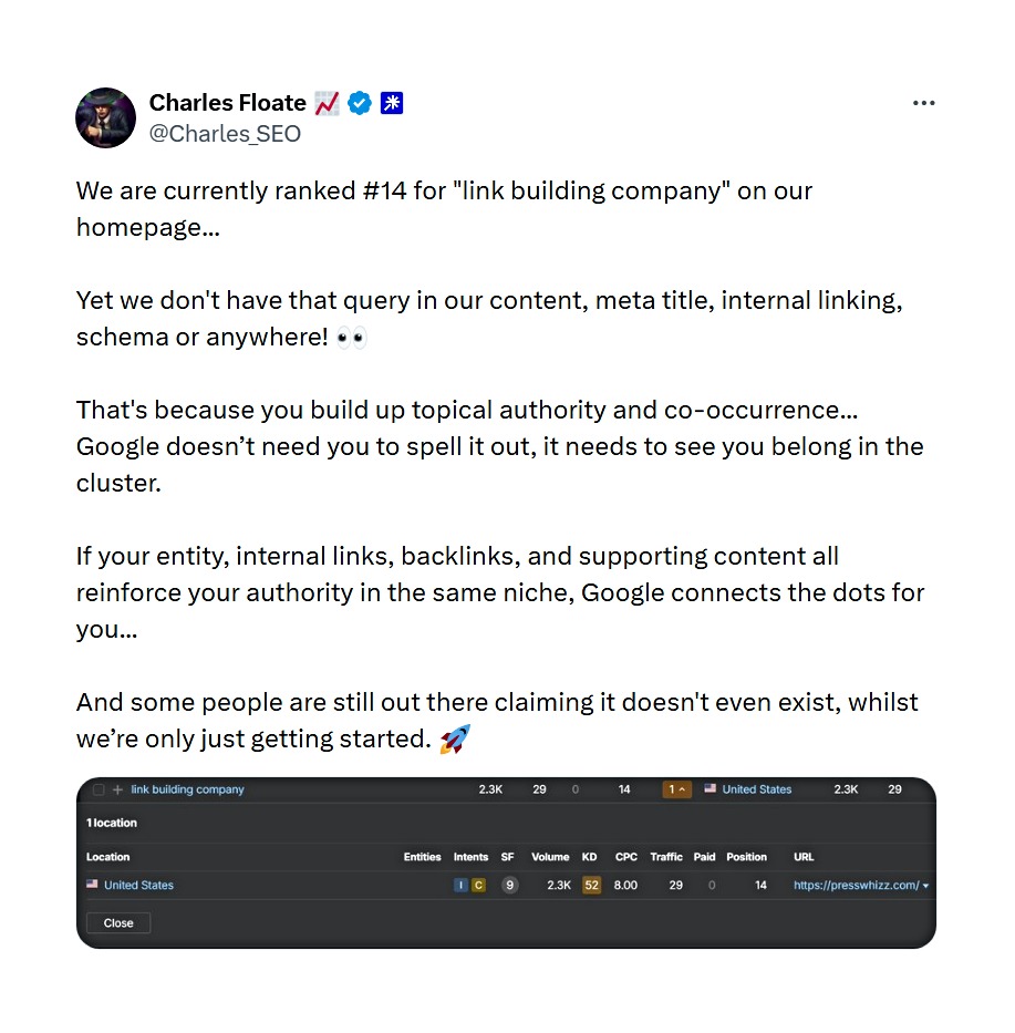 A post on X talking about brand building and SEO.