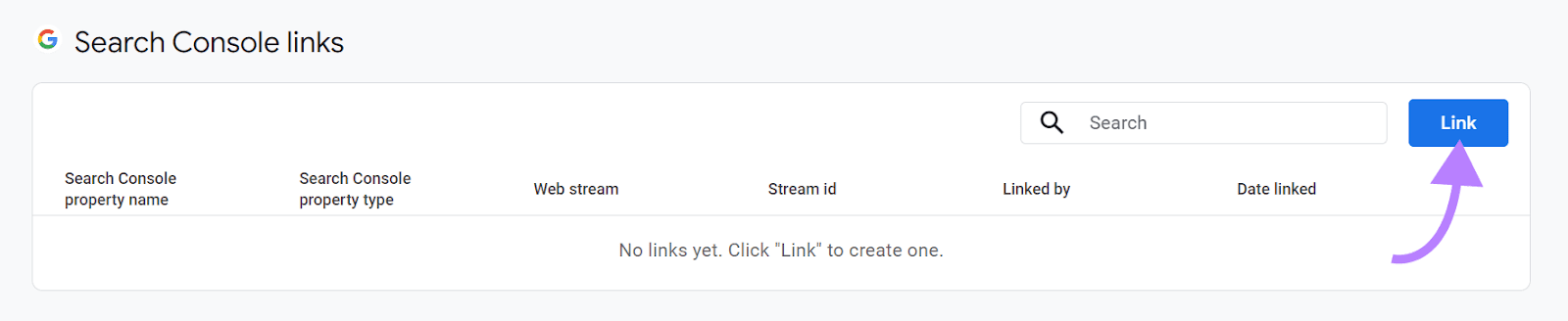 Search Console links page with arrow pointing to Link button