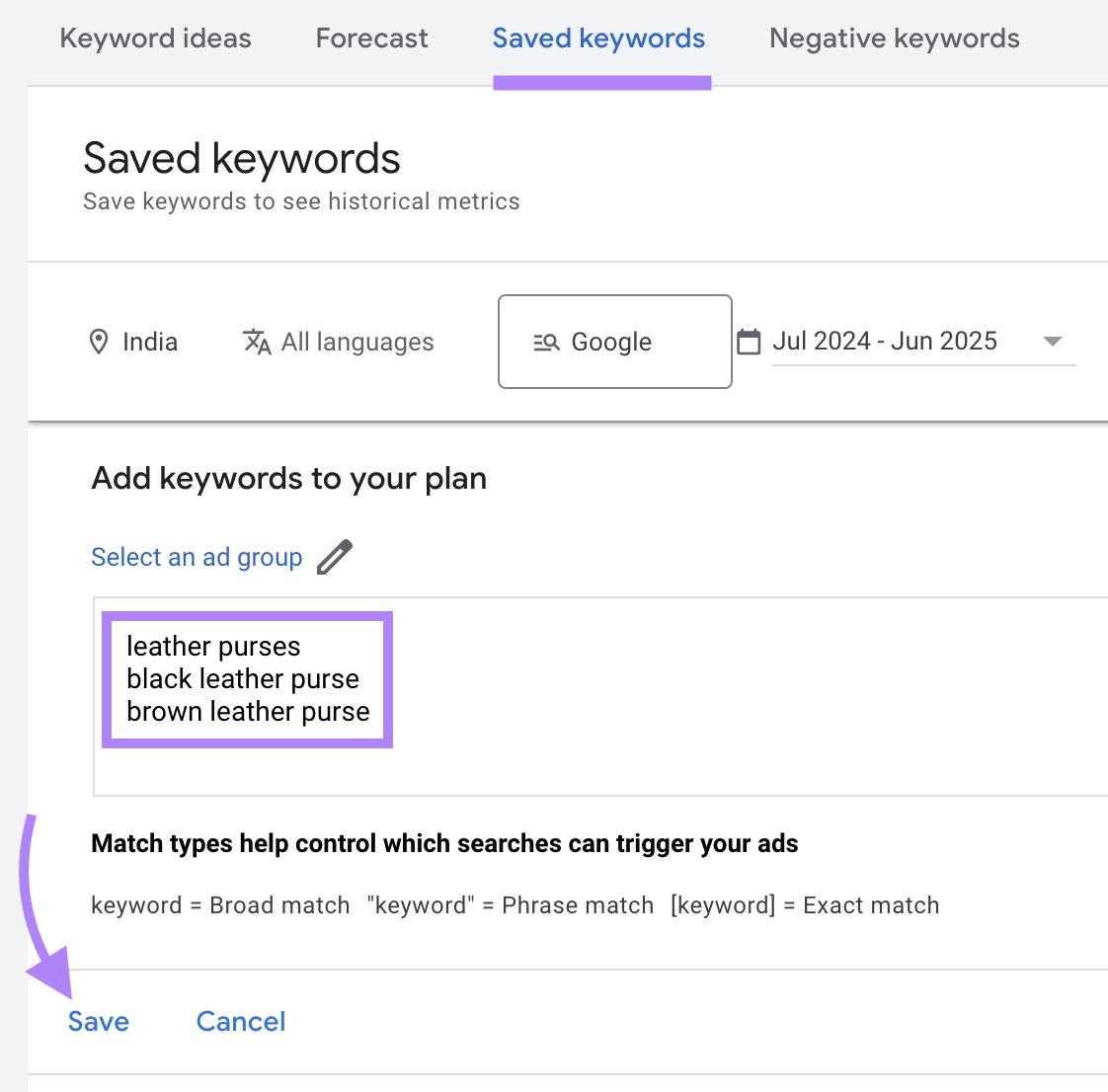 Keywords added and "Save" clicked on The "Saved keywords" tab on Google Keyword Planner.