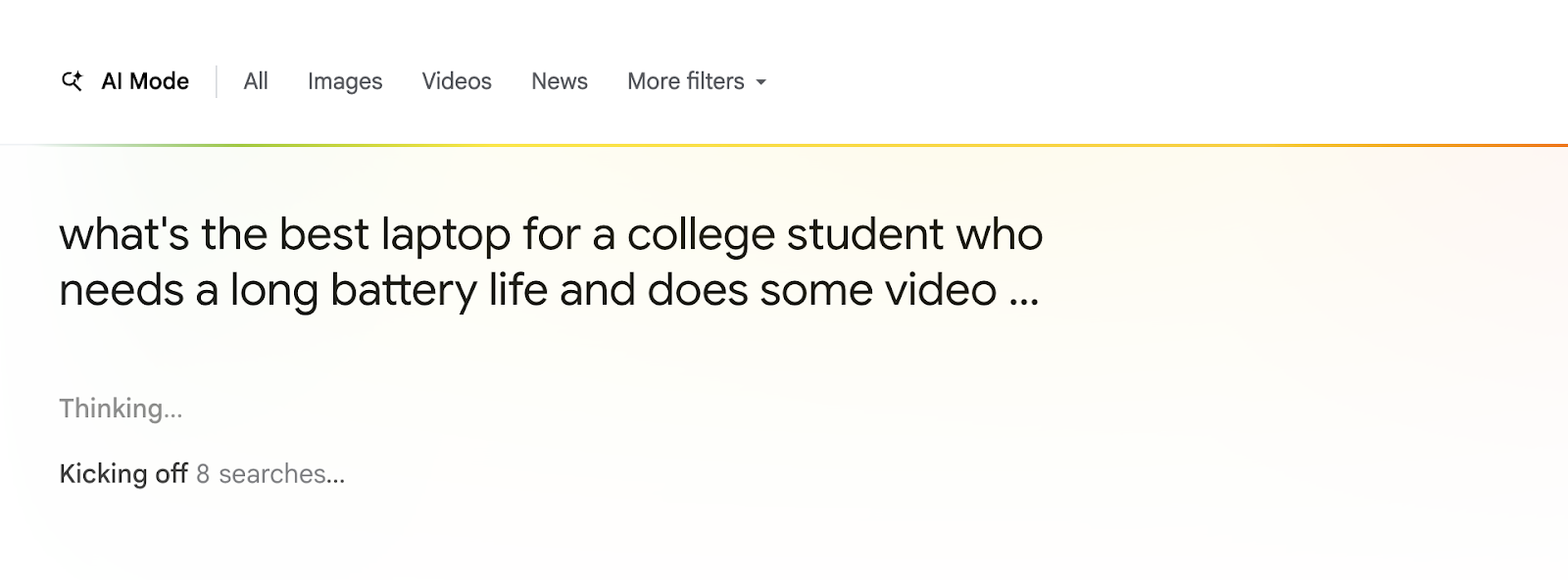 AI first responds with "kicking off 8 searches" when the user submits a query.