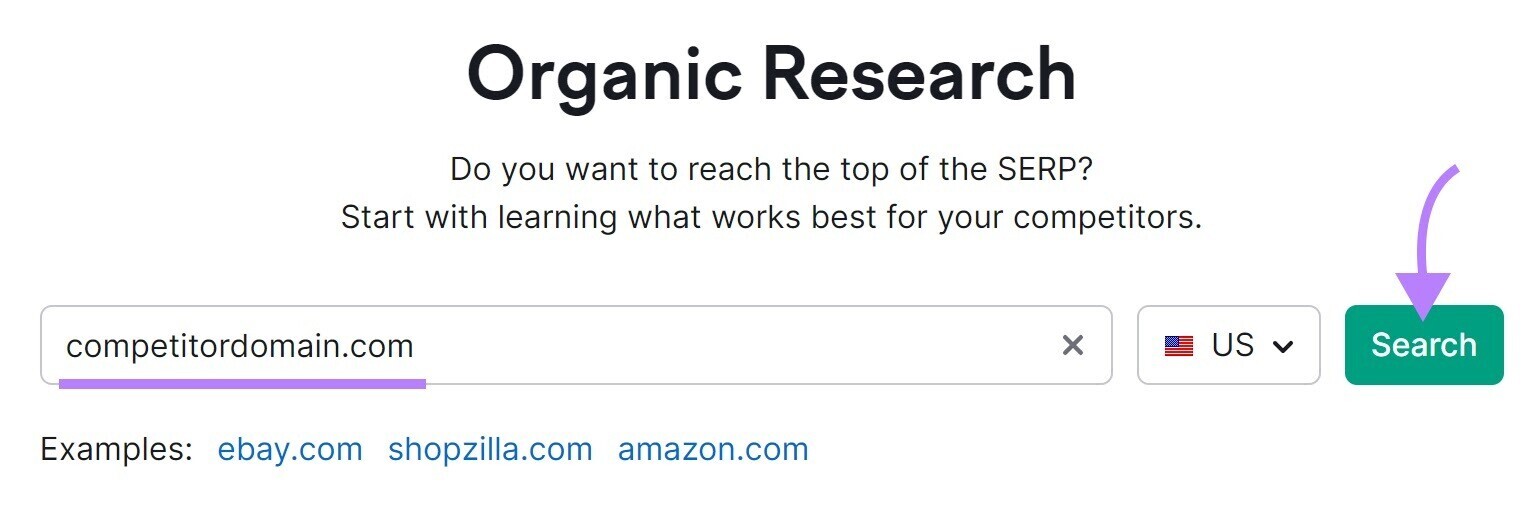 search for competitor’s domain in Semrush’s Organic Rankings tool
