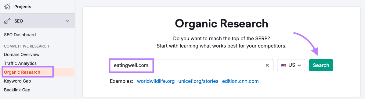 Entering term in Organic Rankings