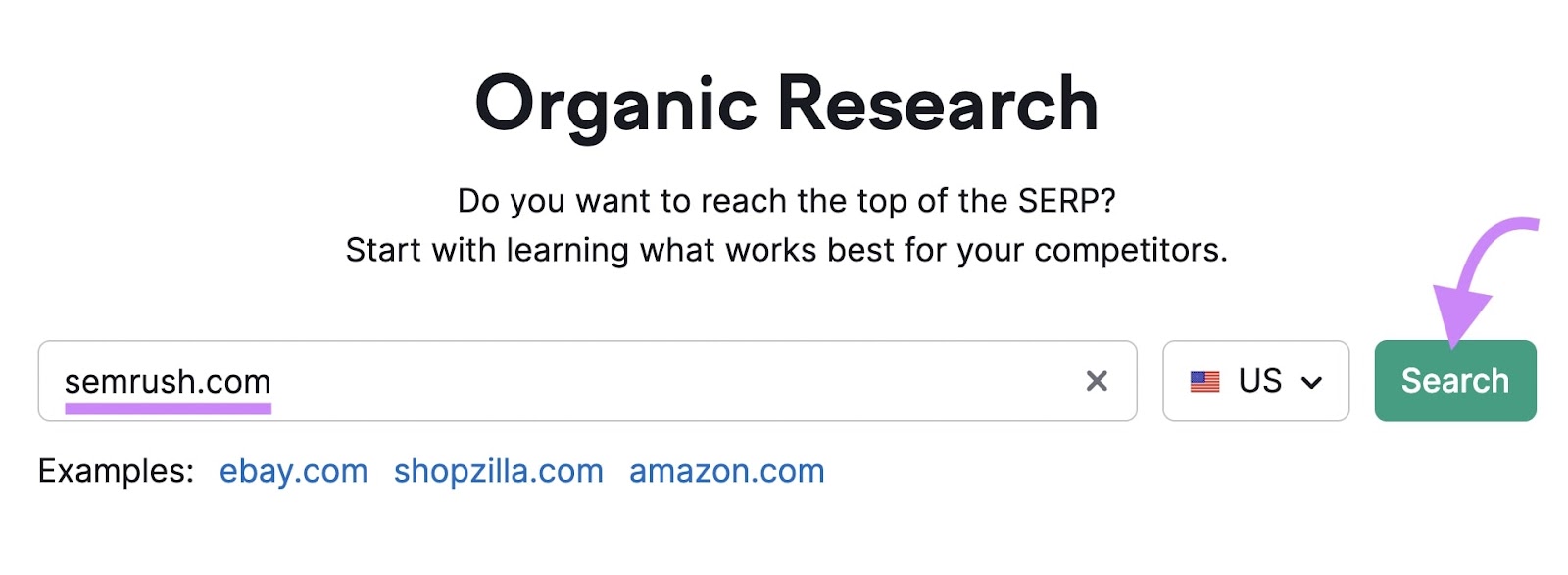 "semrush.com" entered into Organic Rankings search bar