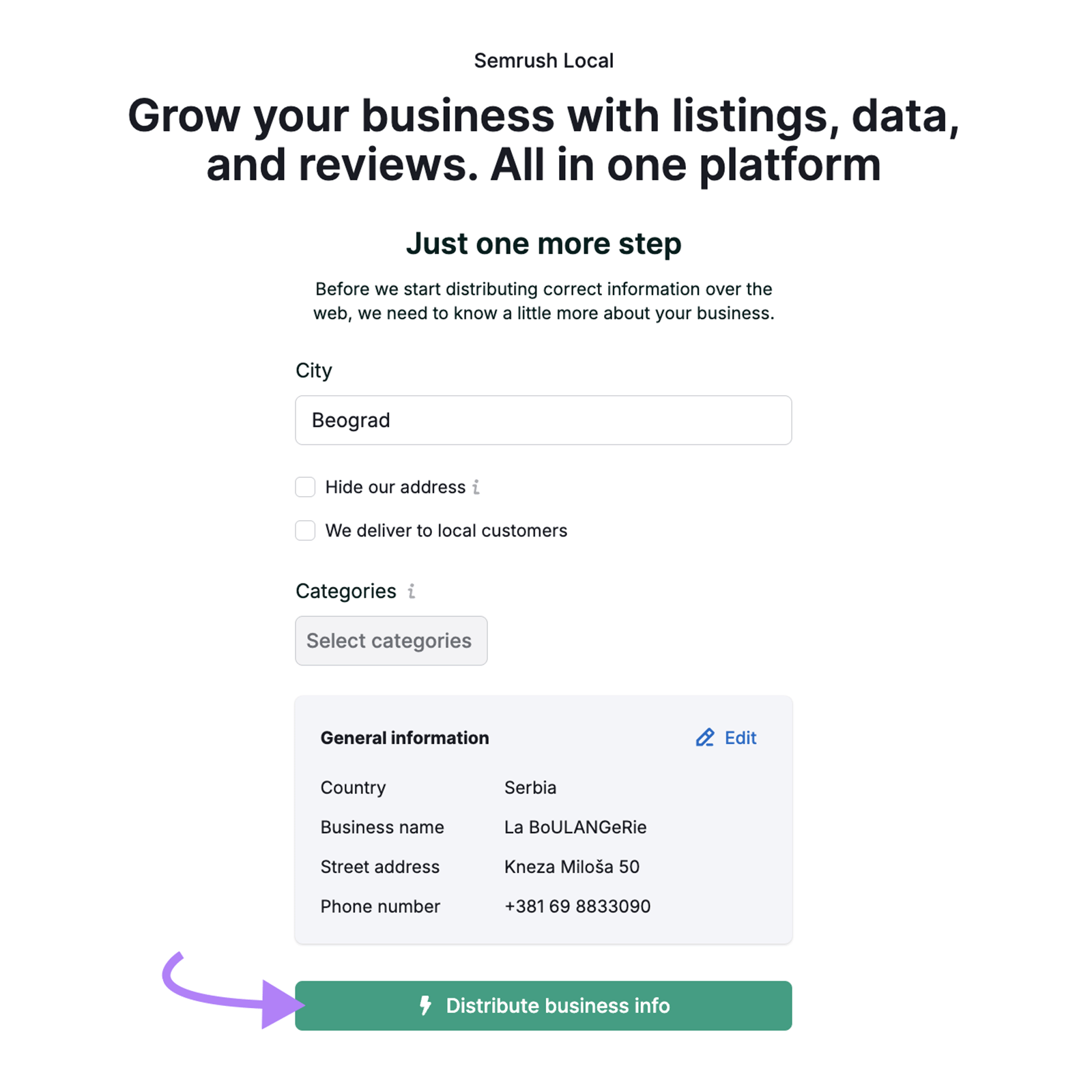 Form with city, address, and green “Distribute business info” button with purple arrow