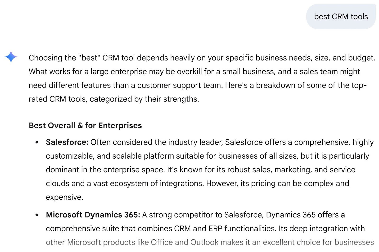 Gemini interface generating a citation-free answer with no structured comparisons for the prompt "best CRM tools."