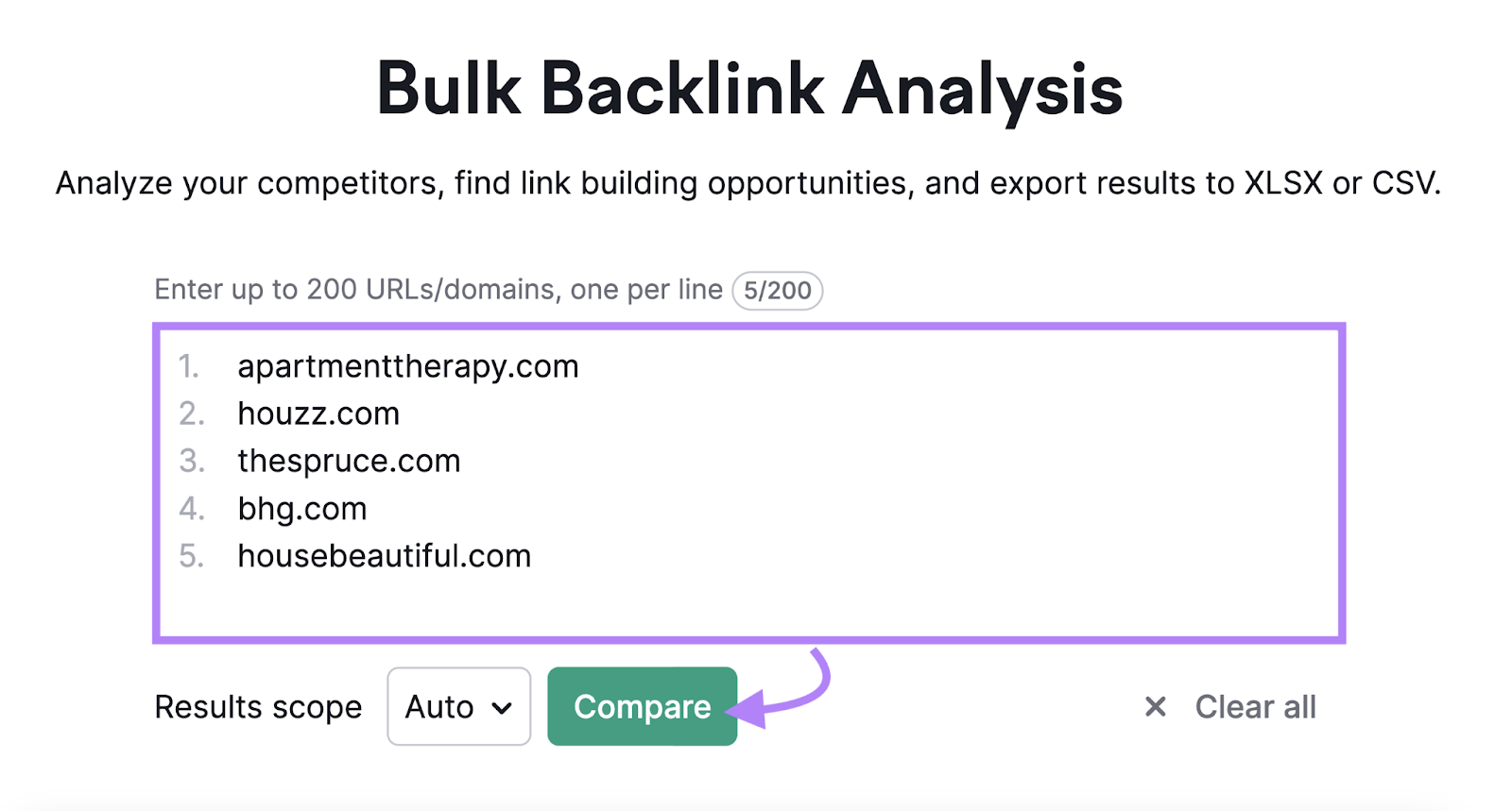 Bulk Backlinks tool search box