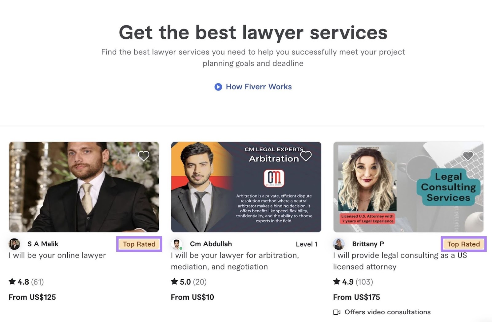 The "Top Rated" tag highlighted for service providers on Fiverr.