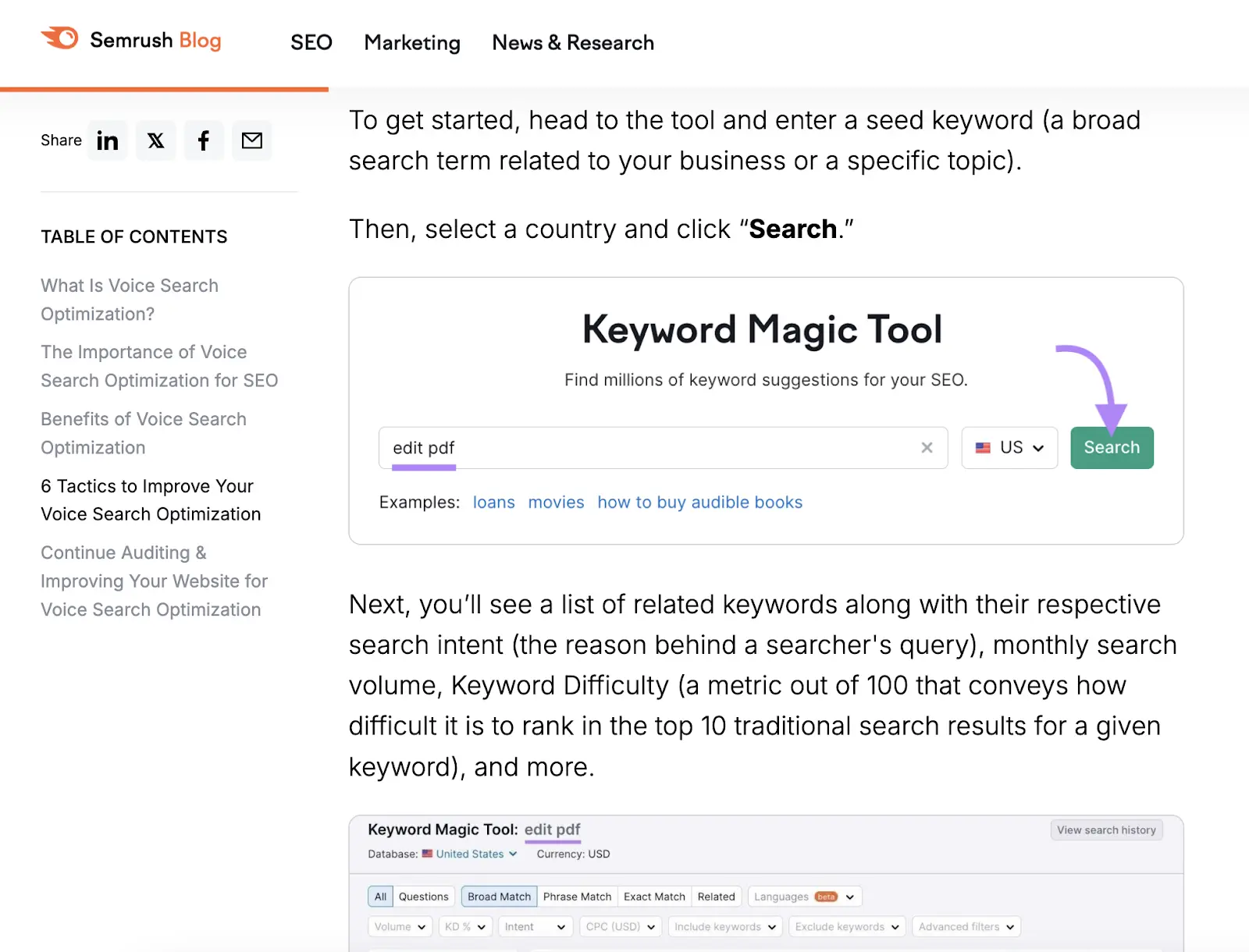 A blog post by Semrush showing a workflow to help readers achieve a specific goal using the tool.