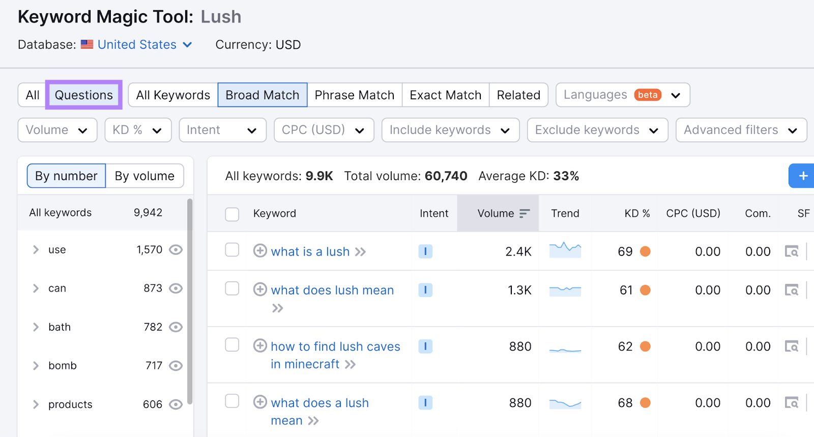Click the Questions tab to filter all keywords to only see question keywords