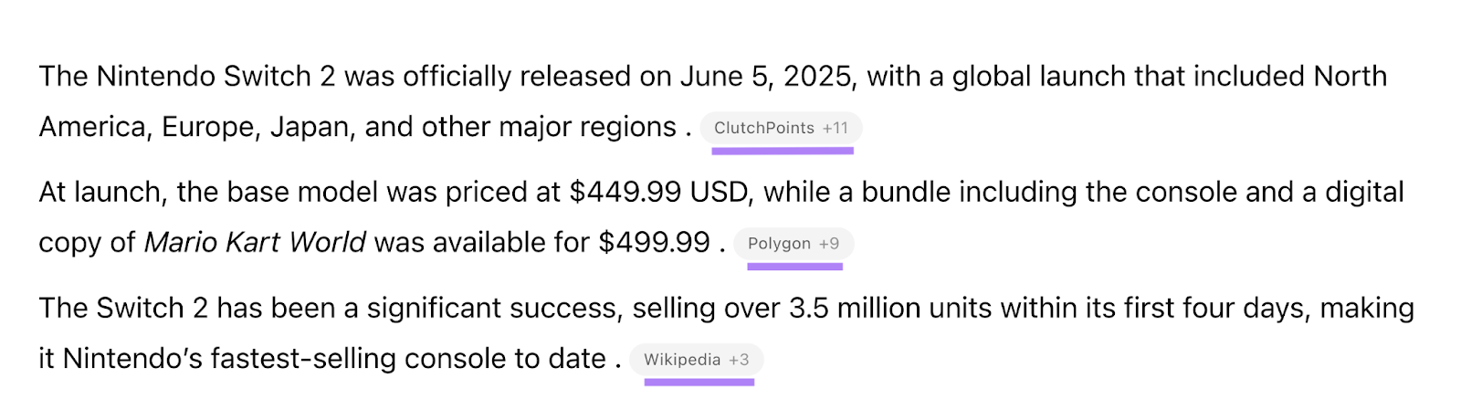 AI citations are referenced for an informational query. Many citations are listed with each statement in the response.