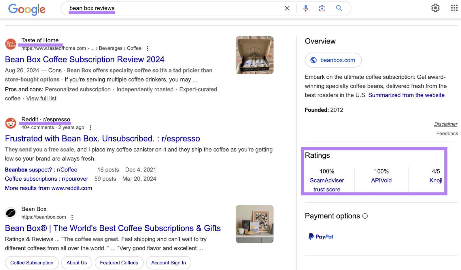 bean box reviews serp