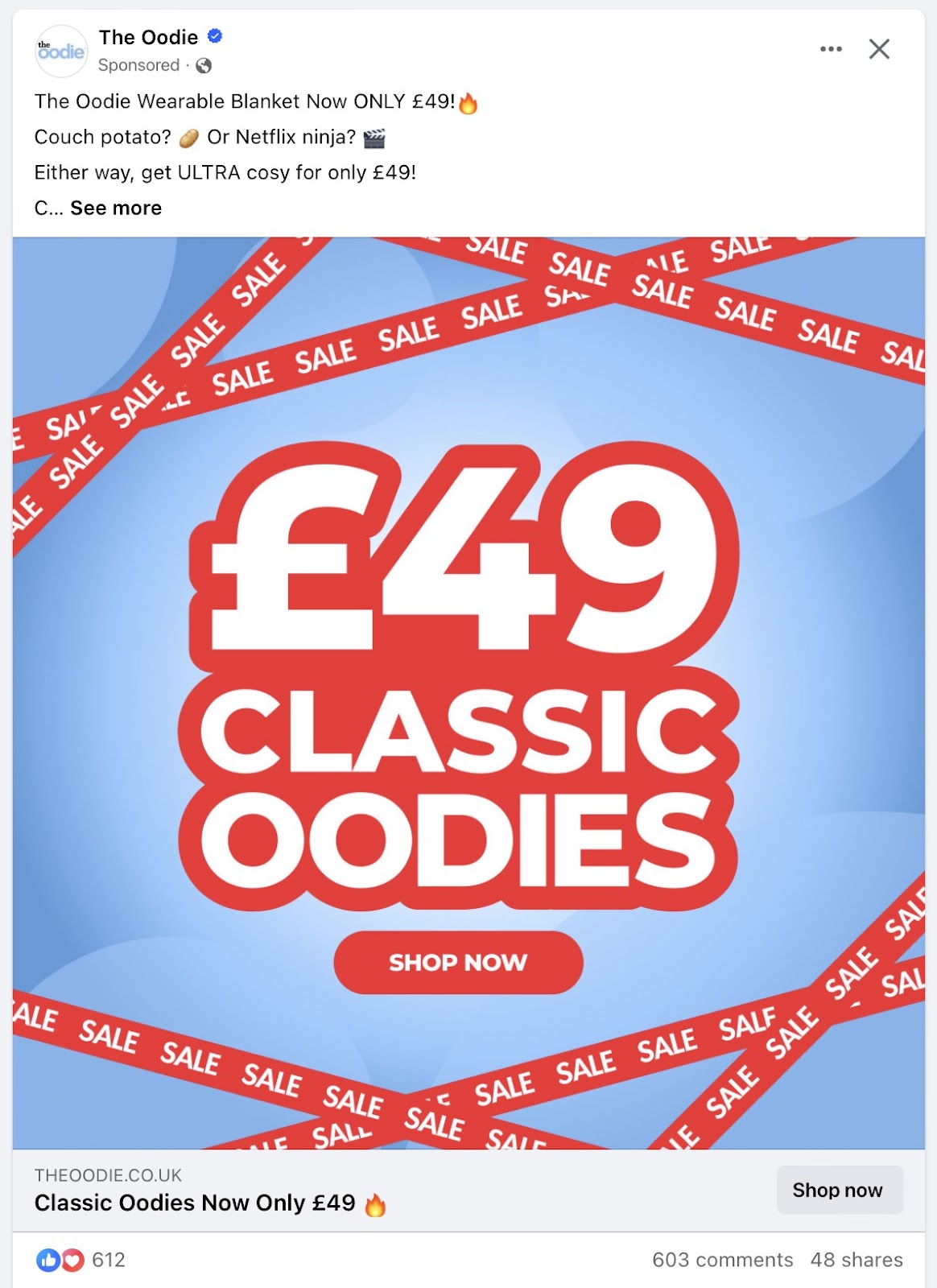 The Oodie's Facebook ad for a wearable blanket