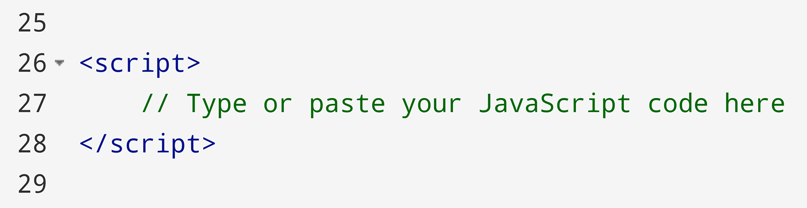 Script tags with placeholder comment for typing or pasting JavaScript code.