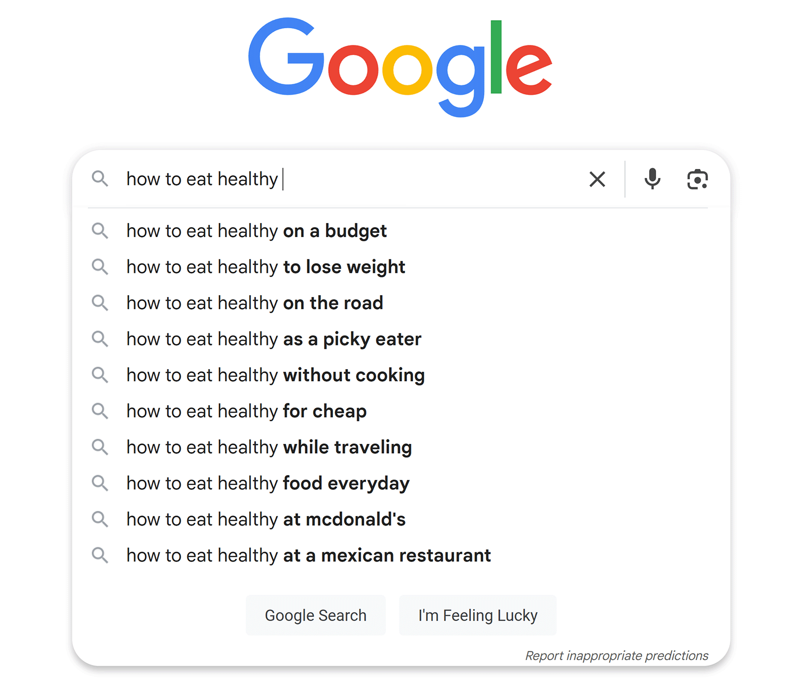 Google search autocomplete for “how to eat healthy” showing suggestions like “on a budget,” “to lose weight,” and more