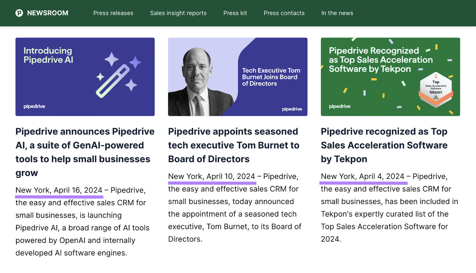 pipedrive newsroom has preview of press release with the city and date