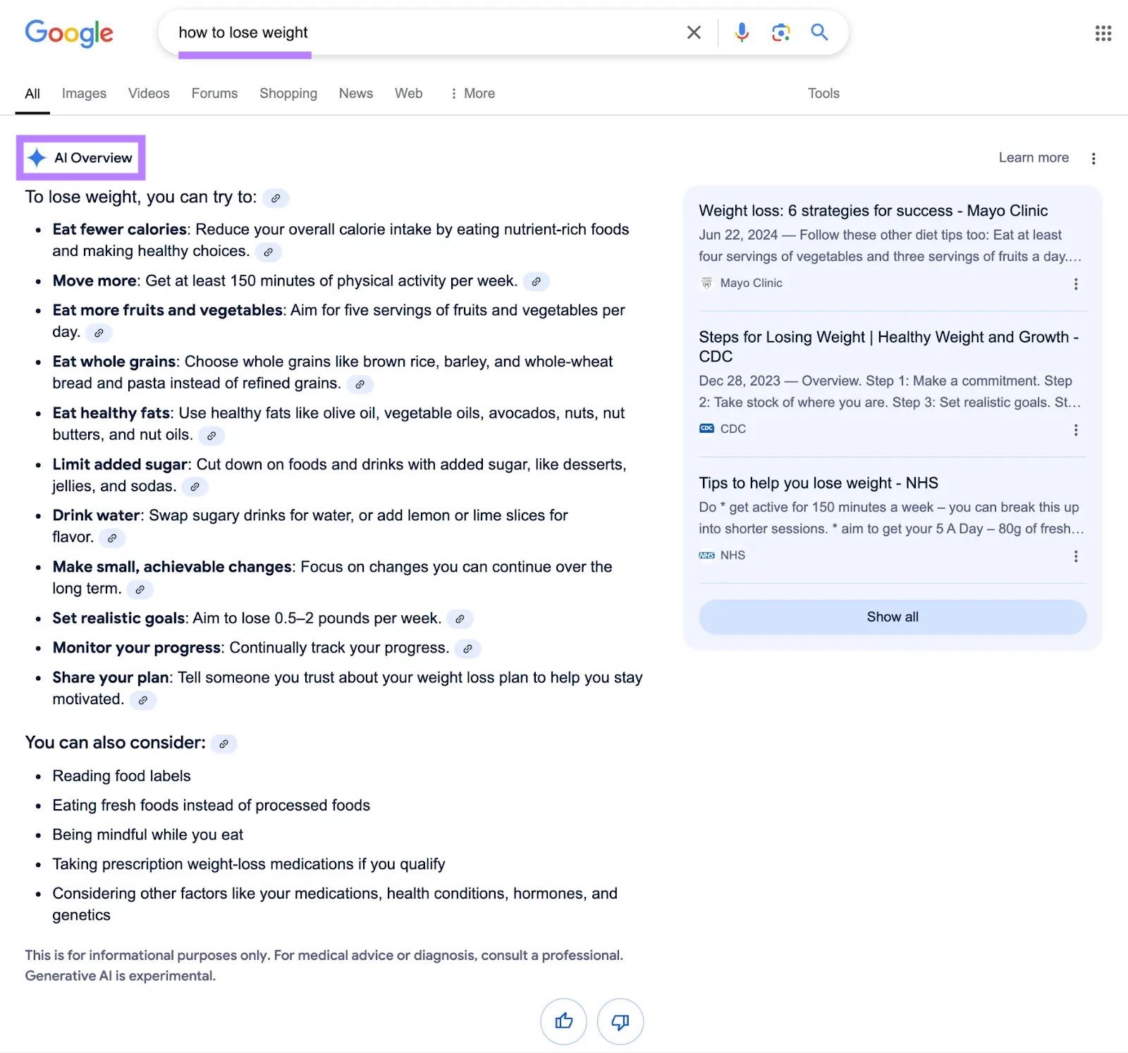 Google SERP with "how to lose weight" entered showing an AI-generated summary appearing at the top.