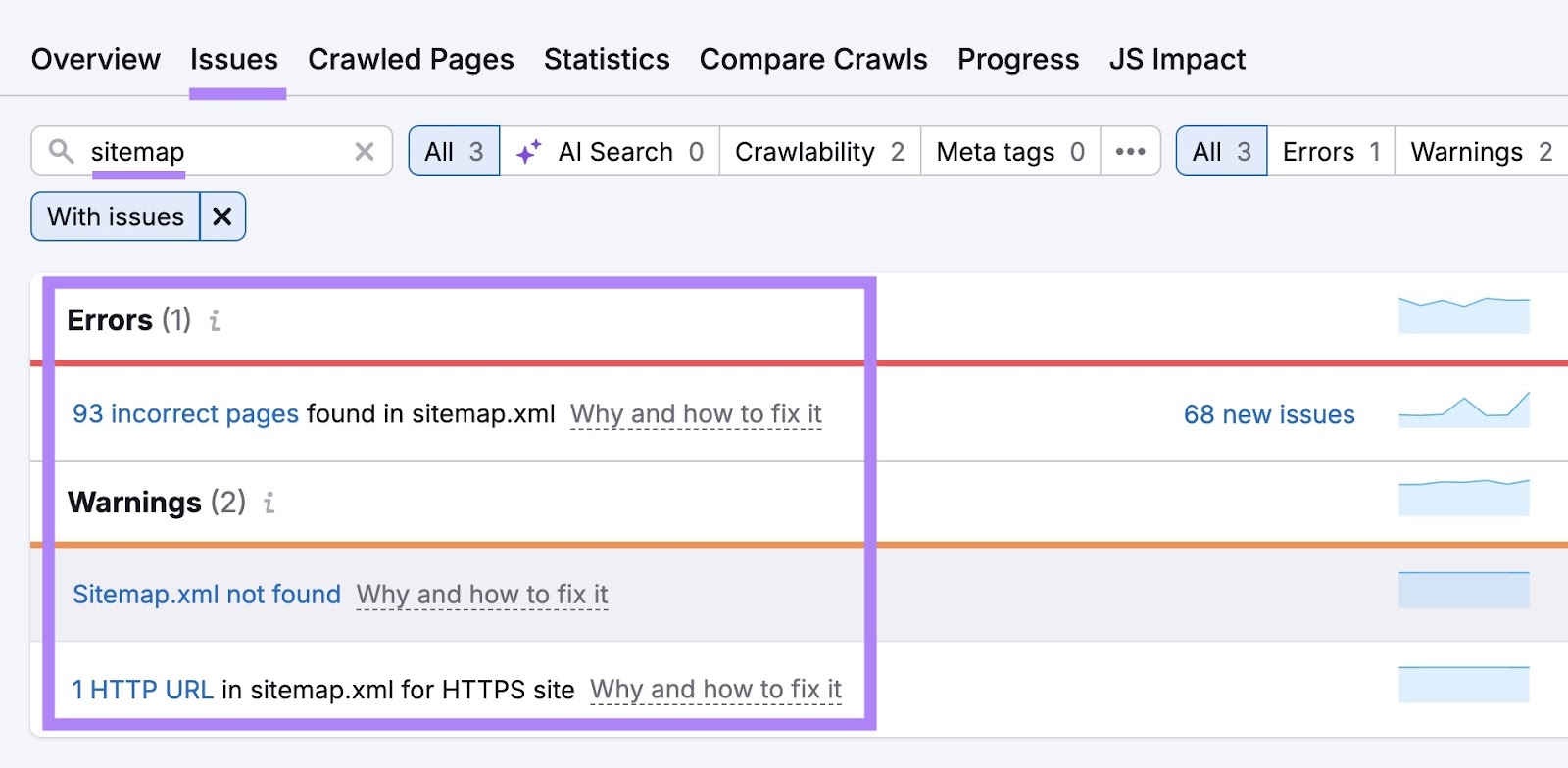 Site Audit Issues showing a list of sitemap errors and warnings along with tips on how to fix them.