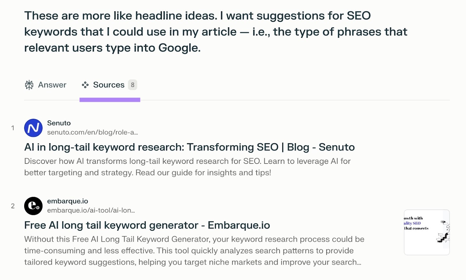 Perplexity interface showing a list of web sources used for a response to a prompt.