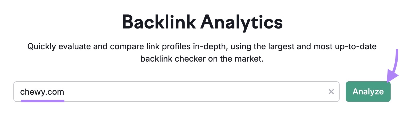 Backlink Analytics tool start with a domain entered and the "Analyze" button clicked.