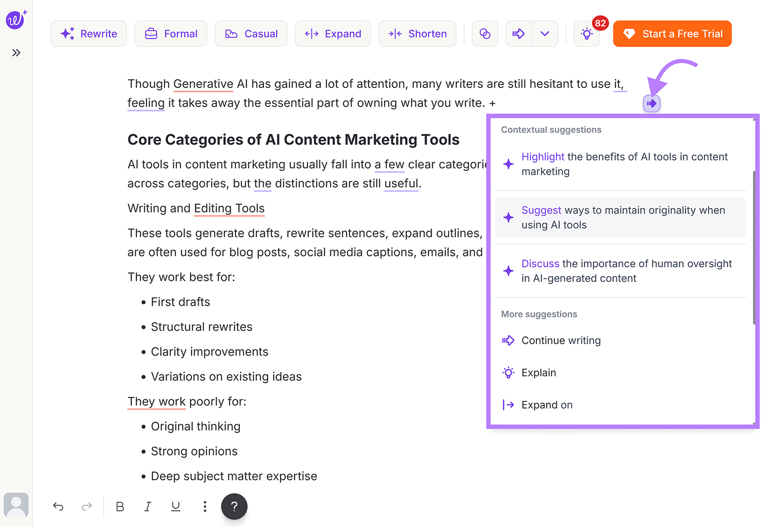 Wordtune editor showing contextual writing suggestions like expanding ideas and continuing a section.