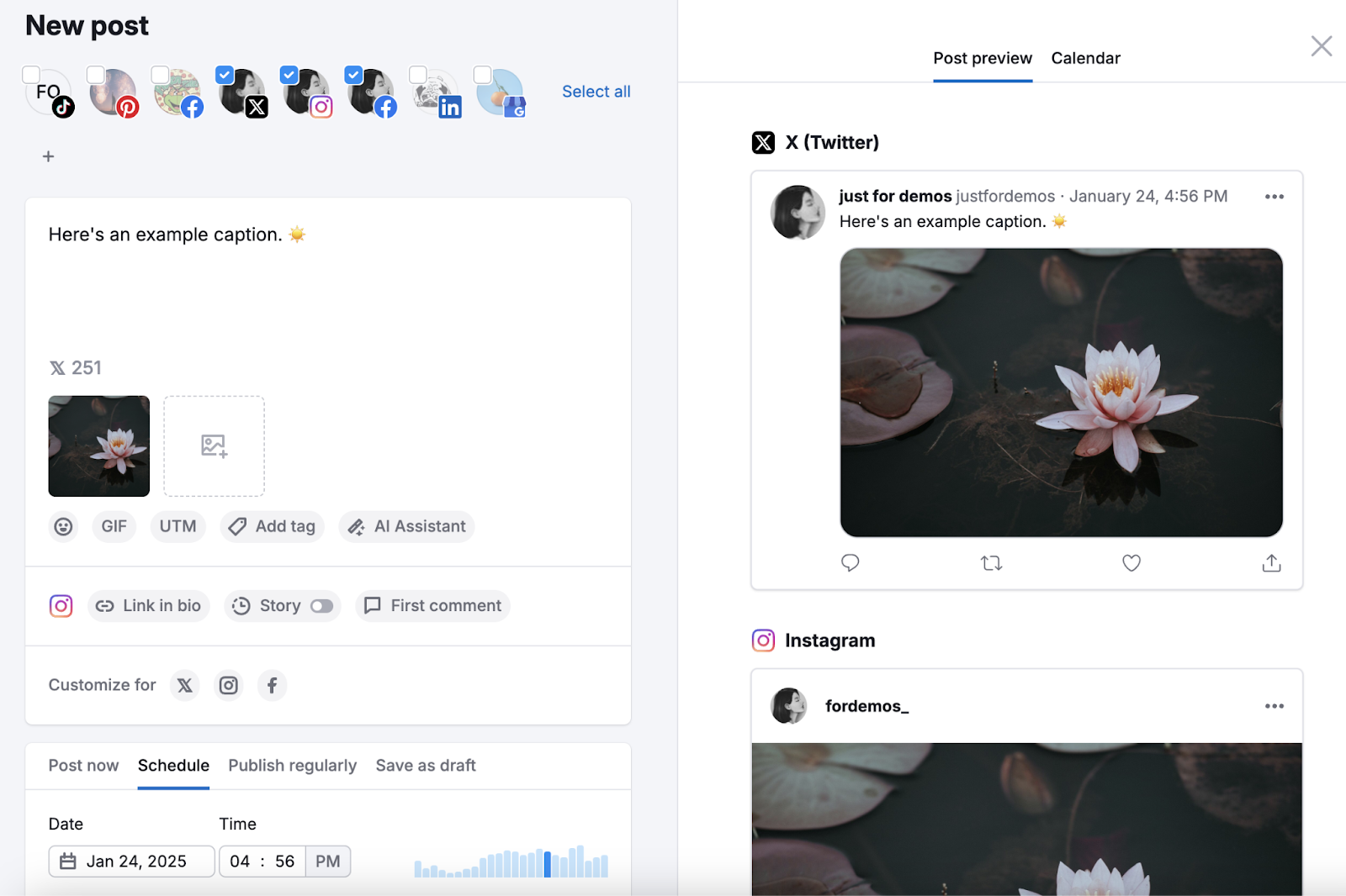 Semrush Social Poster has space to draft posts across platforms, add images, gifs, tags, and more.