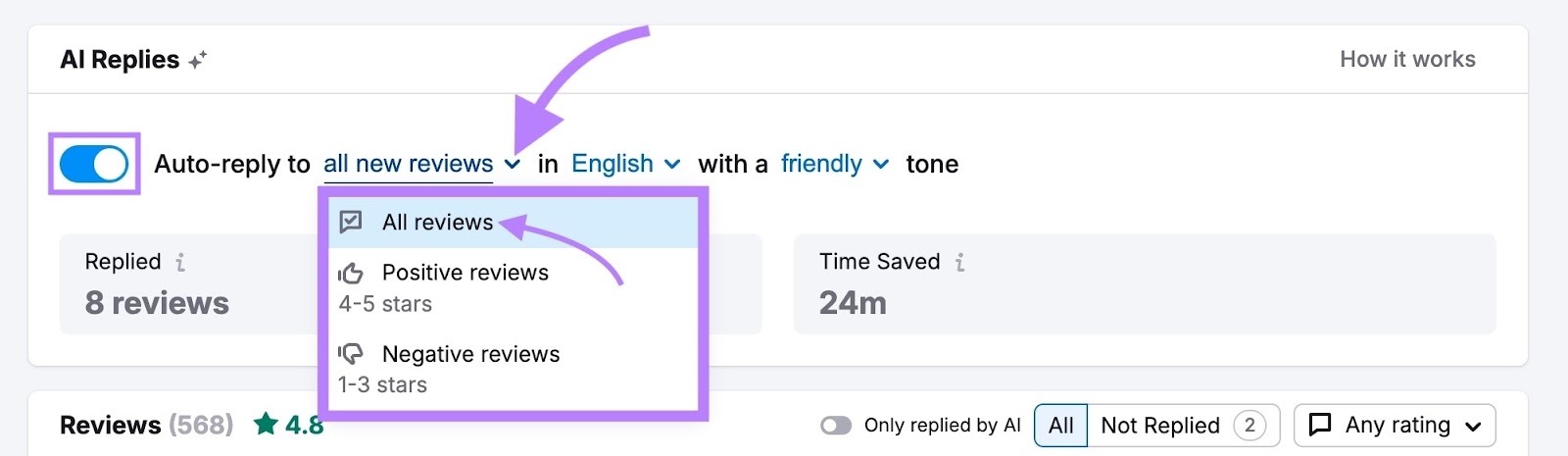 Setting up automated review responses in the AI Replies section on Review Management.
