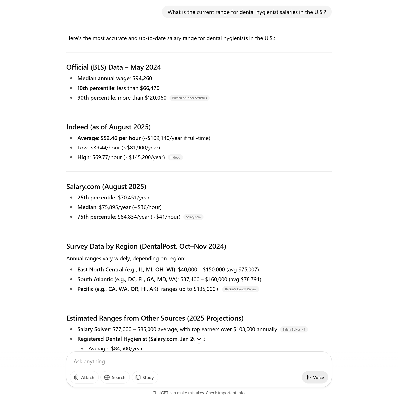 ChatGPT response listing salary ranges for dental hygienists from multiple sources