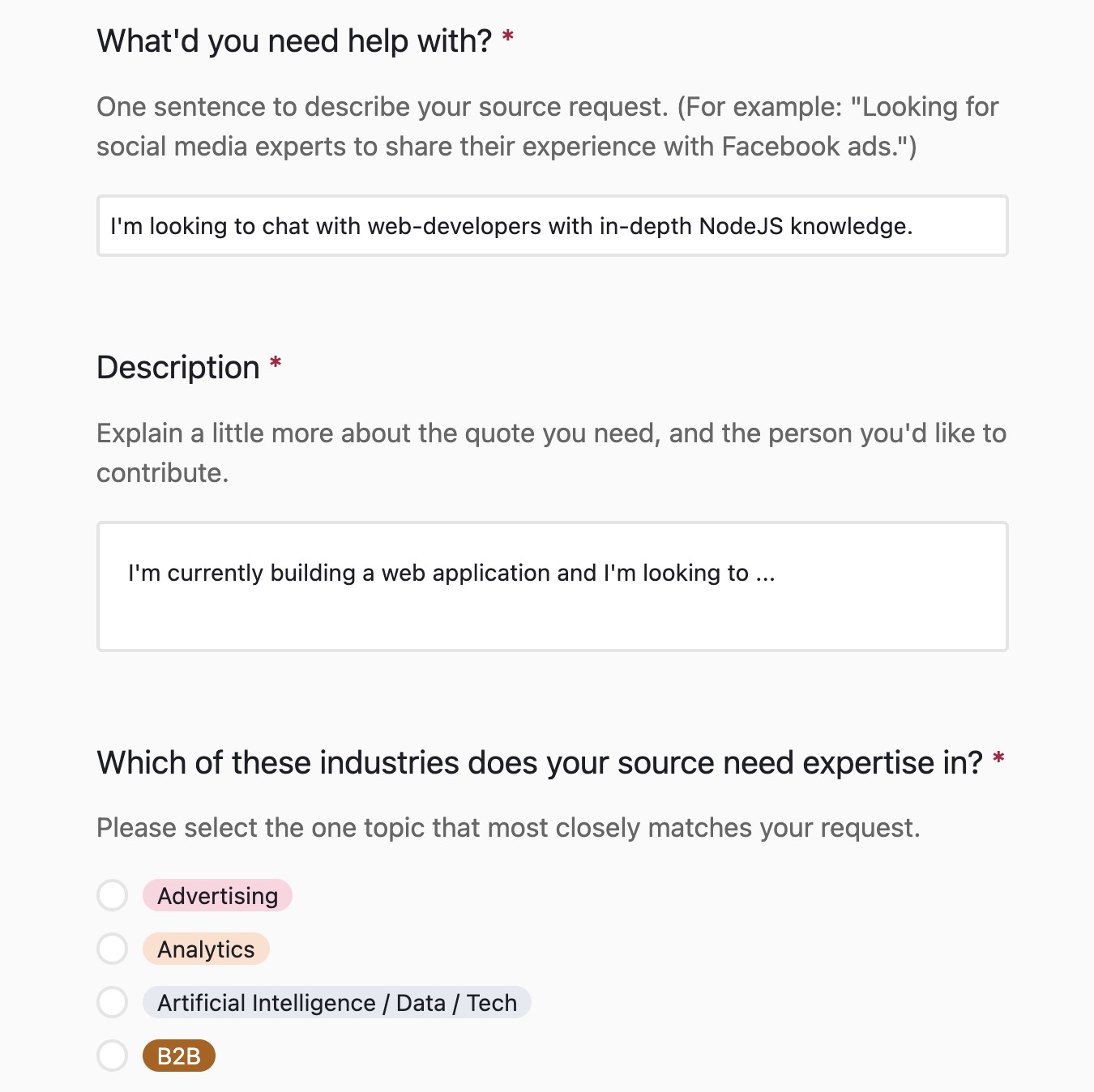 The page to request insights from subject matter experts on Help a B2B Writer.