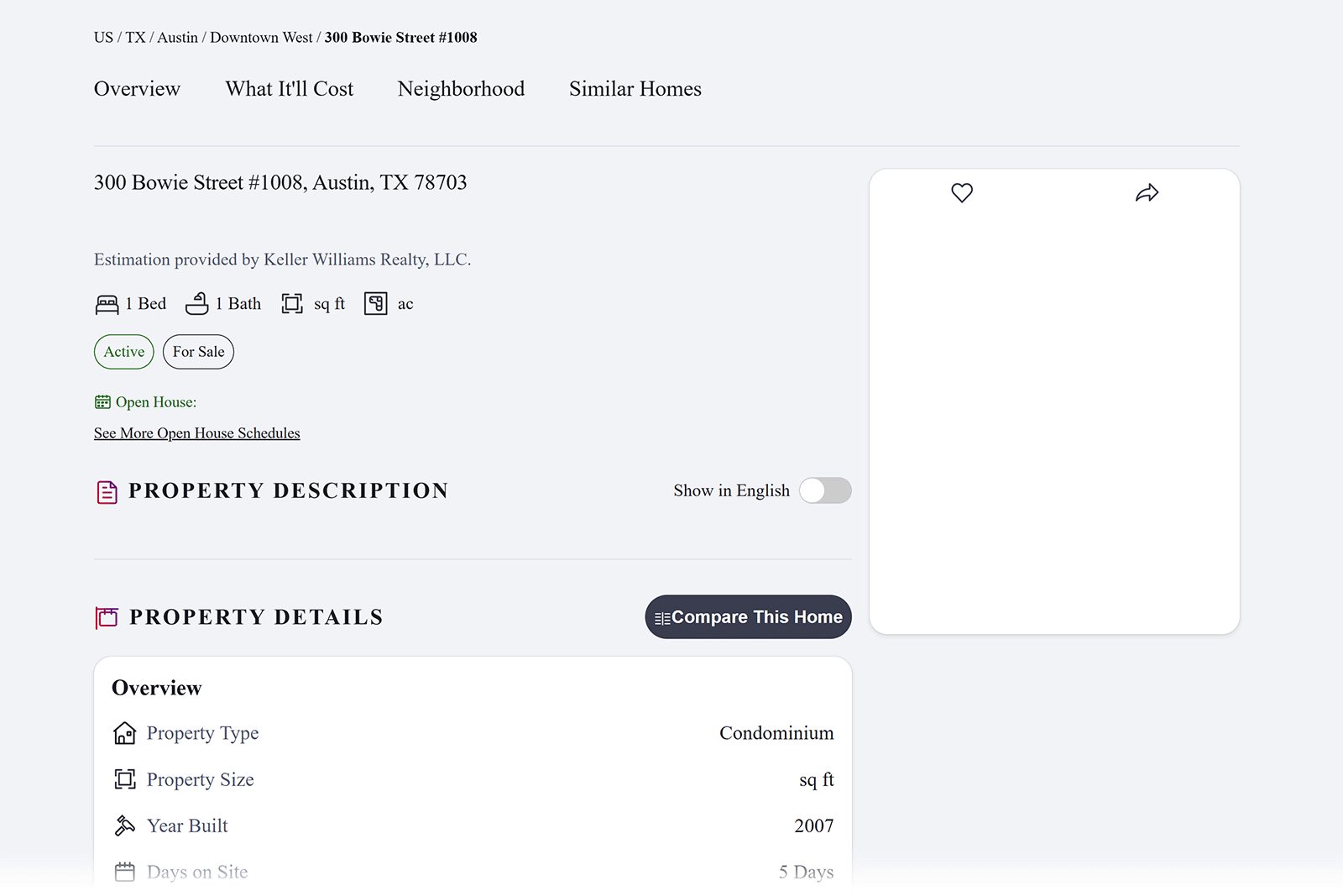 KW property listing page with missing price and image due to JavaScript disabled.
