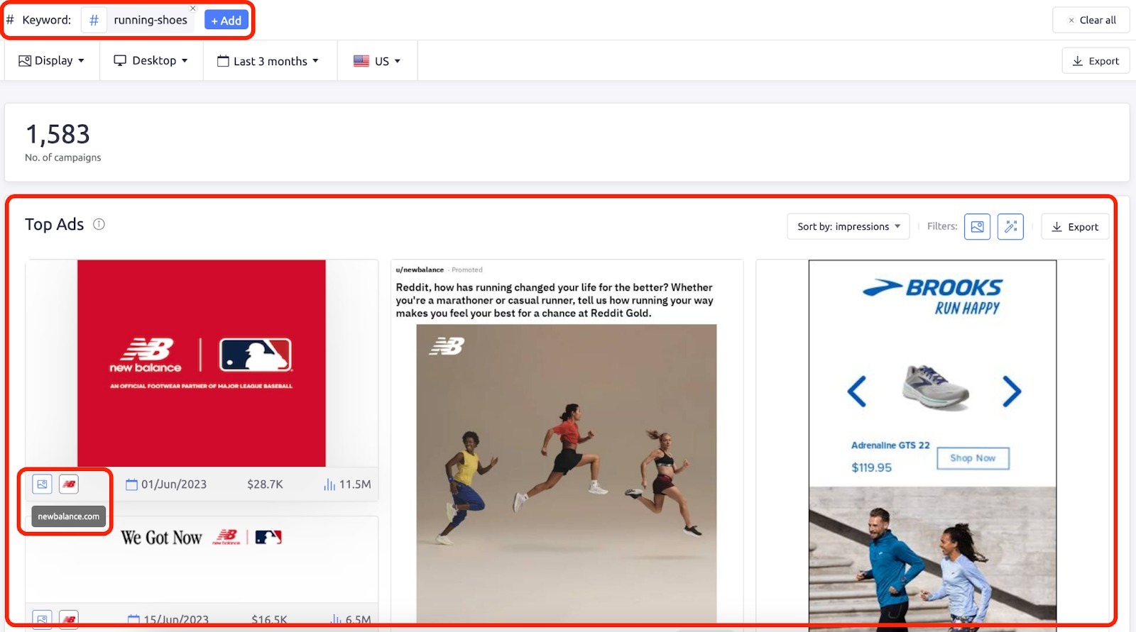 AdClarity app. Where to input a keyword to search and the top ads found related to the keyword.