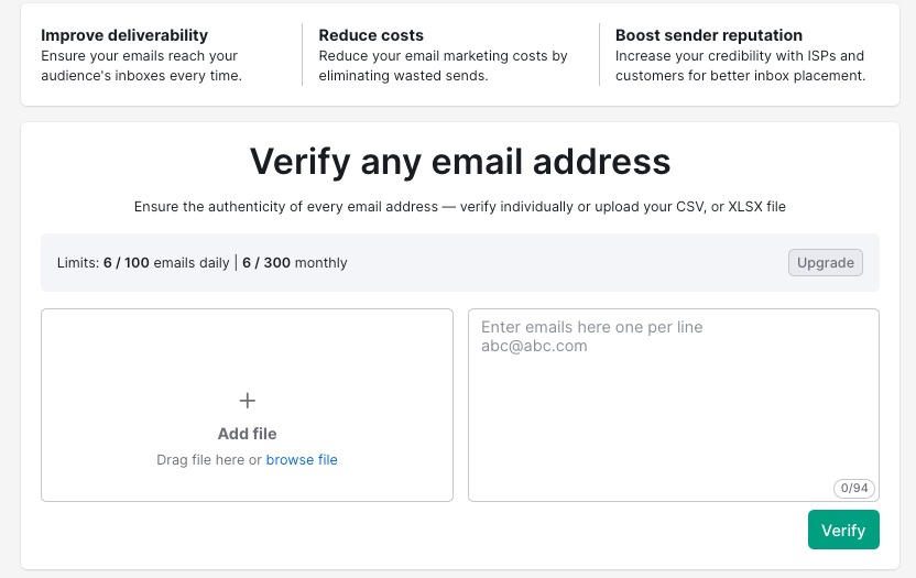 The user interface has two boxes for uploading a file or entering email addresses line by line. There is a green “Verify” button at the bottom of the page.