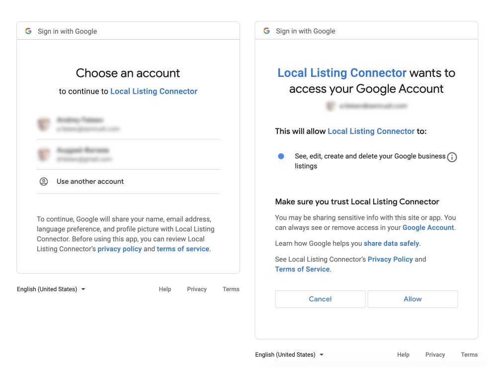 Example of the the integration page on Google.