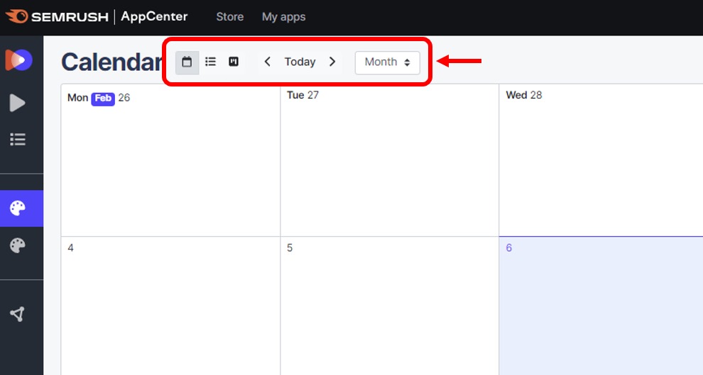 Where to scroll through views and dates in AI Video Marketing Automator&rsquo;s Content Calendar.