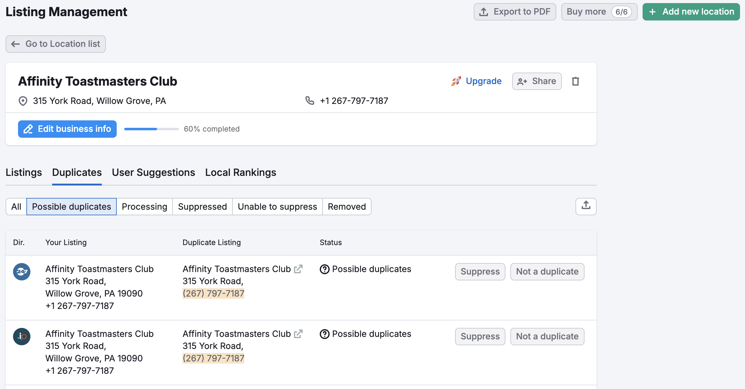 Example of the Duplicates tab.