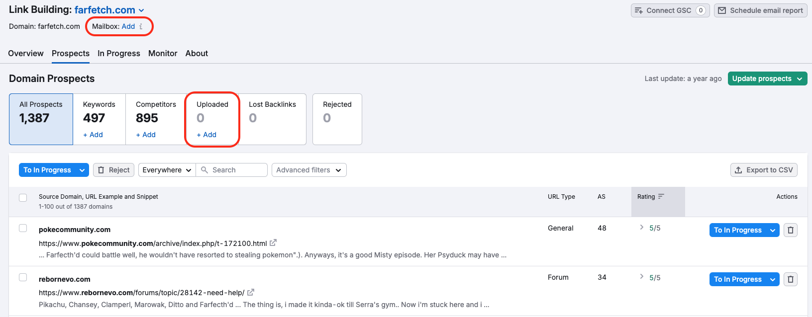 Link Building Prospects report. The Add Mailbox feature on top is highlighted as well as the Uploaded prospects field, prompting you to upload your own backlink prospects and connect your mailbox with the tool.