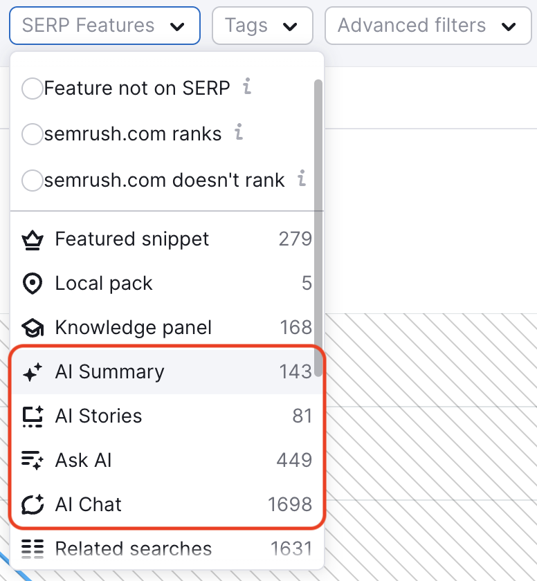 The SERP features filter drop-down with the following features highlighted: AI summary, AI Stories, Ask AI, and AI Chat.