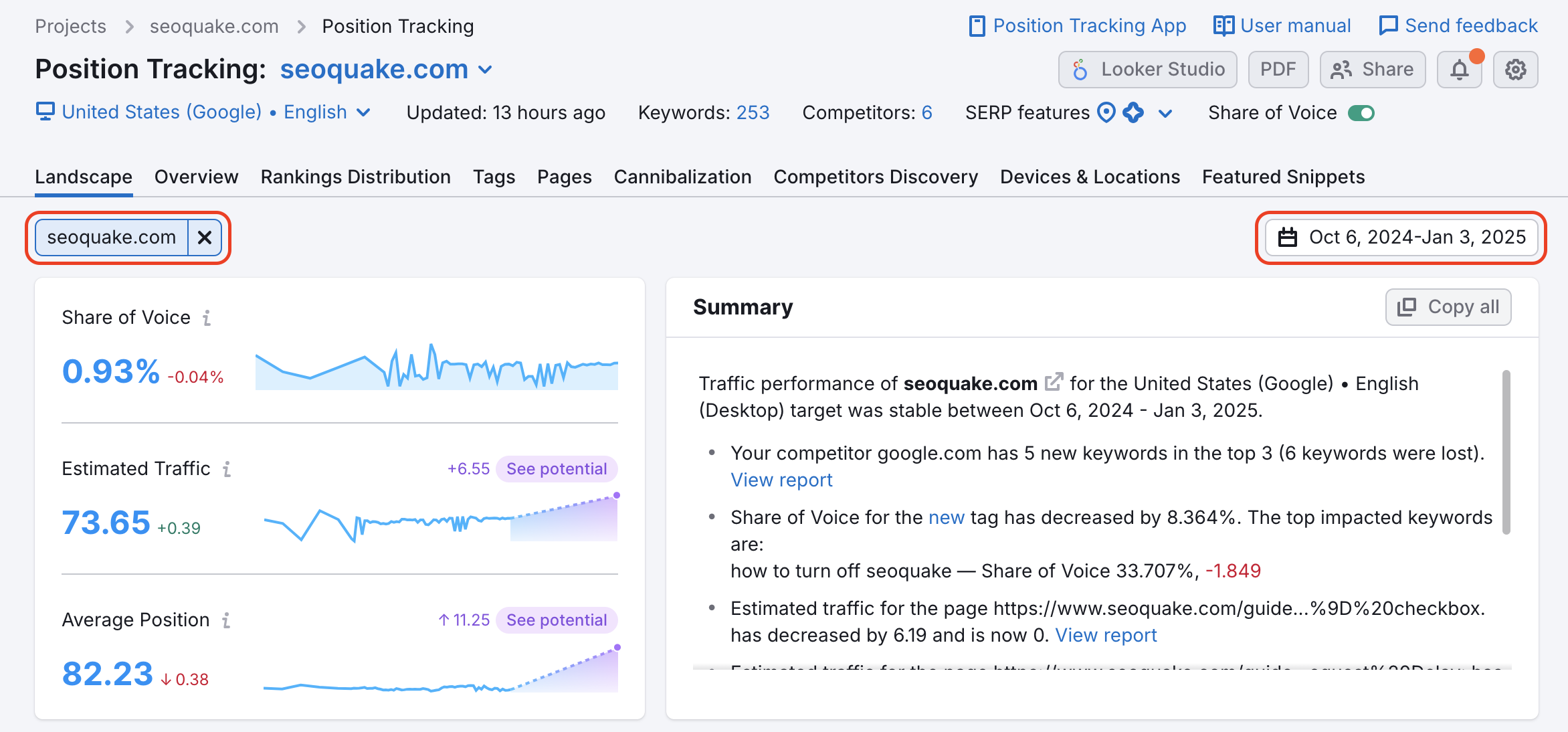 Position Tracking Landscape report with the domain picker and date range picker highlighted.
