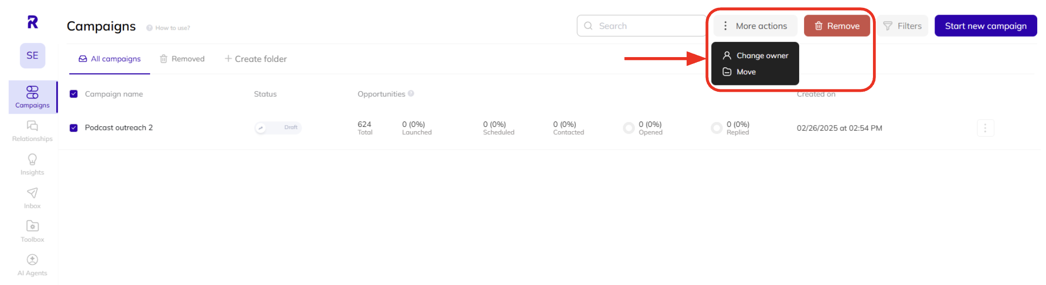 How to remove or move campaigns and change their ownership in AI Backlink Builder.