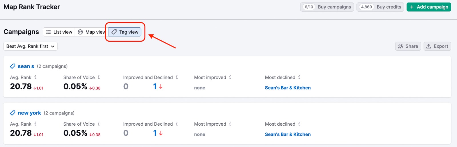 Tag view in Map Rank Tracker&nbsp;