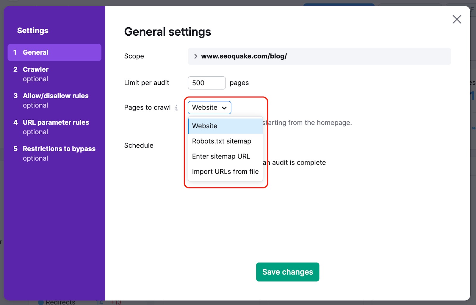 Demonstration on where to find the Crawl Source settings in Site Audit. The dropdown menu is highlighted and features all available Crawl source options.