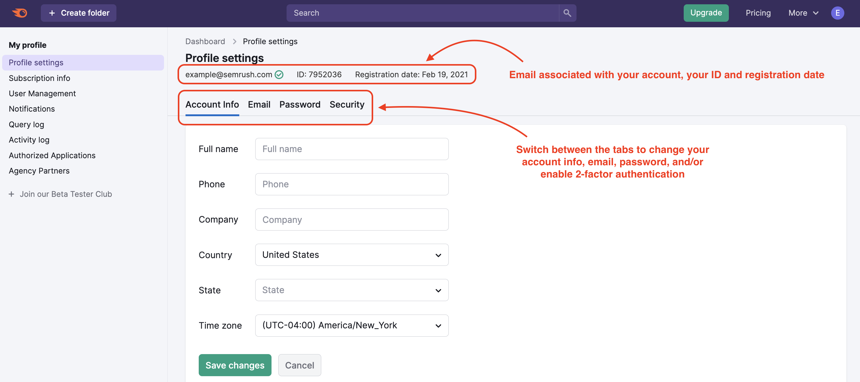 Profile Settings menu with a red rectangles highlighting the tabs, email, profile ID, and registration date.
